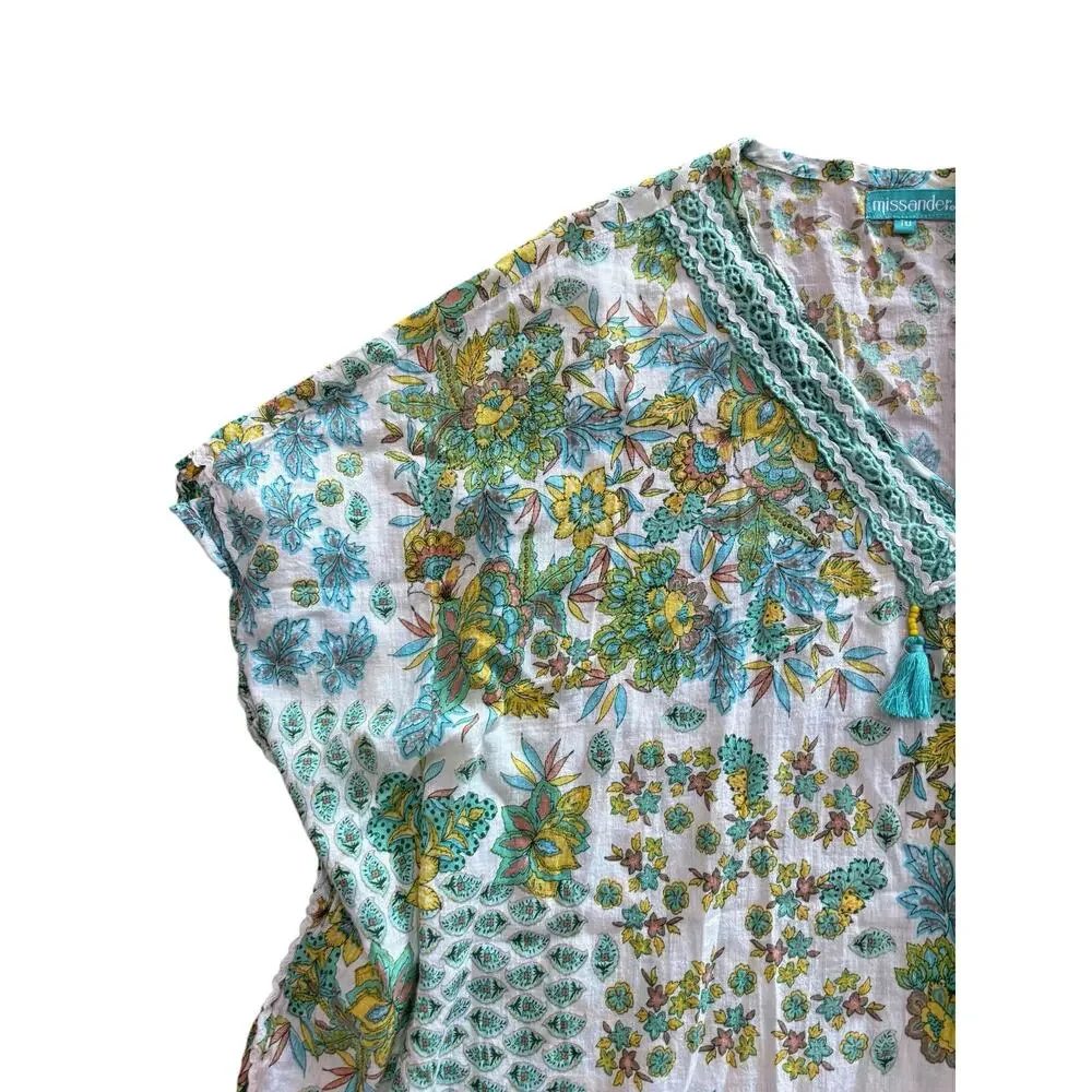 Missander Women’s cotton cover-up, green, turquoise, tassels, one size